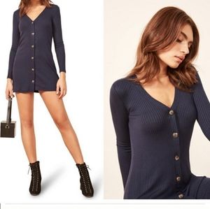 Reformation NWOT Agatha navy knit dress button up